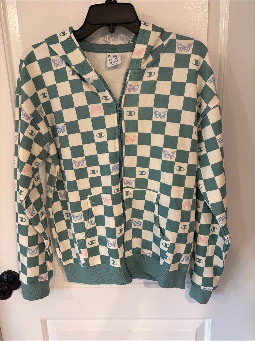 Champion Checkerboard Full Zip Hoodie w/Pastel Butterflies - NWT, Girls XL(16)